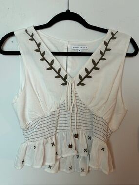 White Embroidered V-Neck Sleeveless Top